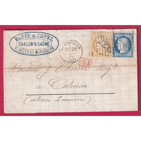 N°59 60 GC 2239 MARSEILLAN HERAULT POUR COLMAR HAUT RHIN ALSACE LORRAINE ALLEMAGNE 1874 LETTRE COVER