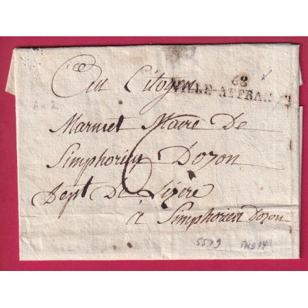 MARQUE REVOLUTIONNAIRE 68 VILLE AFFRANCHIE LYON 1794 AN2 POUR ST SYMPHORIEN D'OZON ISERE INDICE 14 LETTRE COVER