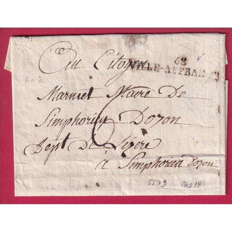 MARQUE REVOLUTIONNAIRE 68 VILLE AFFRANCHIE LYON 1794 AN2 POUR ST SYMPHORIEN D'OZON ISERE INDICE 14 LETTRE COVER