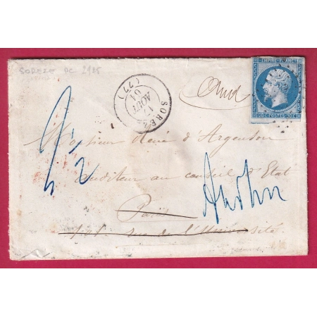 N°14 PC SOREZE TARN POUR PARIS TAXE 2 1/2 DE REEXPEDITION POUR ALLEMAGNE AIX LA CHAPELLE AACHEN LETTRE COVER