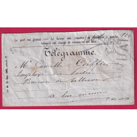 TELEGRAMME AVEC GRIFFE MANDAT RARE CACHET TELEGRAPHIQUE LYON CENTRAL 1876 AU DOS LETTRE