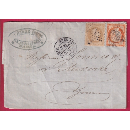 N°28 38 PARIS ETOILE 17 R DU PONT NEUF POUR AUXERRE 1876 LETTRE COVER