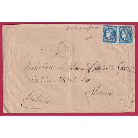 N°45C X2 GC 3243 RUFFIEUX SAVOIE TAXE AFRANCHISSEMENT INSUFFISANT POUR FLORENCE FIRENZE ITALIE LETTRE COVER