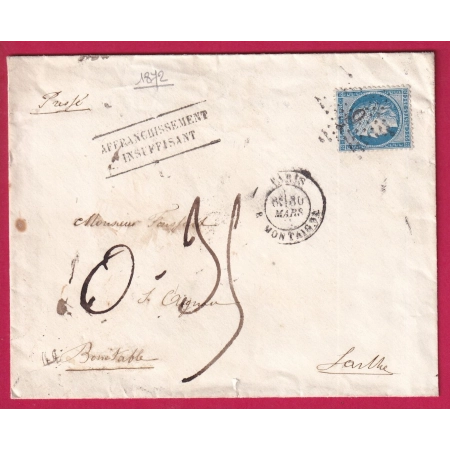 N°60 PARIS ETOILE 9 R MONTAIGNE TAXE 0.35 GRIFFE AFFRANCH INSUFF FABRICATION LOCALE BONETABLE SARTHE LETTRE