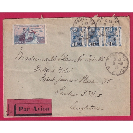 N°165 BANDE DE 3 PARIS 1923 VIGNETTE GUYNEMER PAR AVION POUR LONDRES ANGLETERRE LETTRE COVER