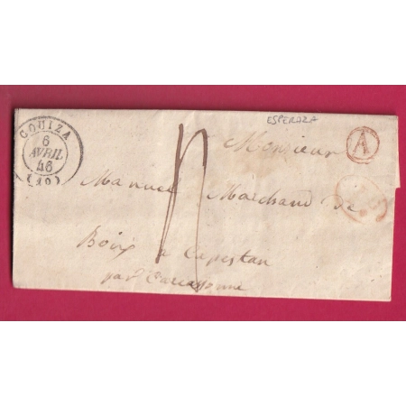 CAD TYPE 15 COUIZA AUDE 1846 BOITE RURALE ROUGE A ESPERAZA + DECIME RURALE TAXE 4 POUR CAPESTANG LETTRE COVER FRANCE