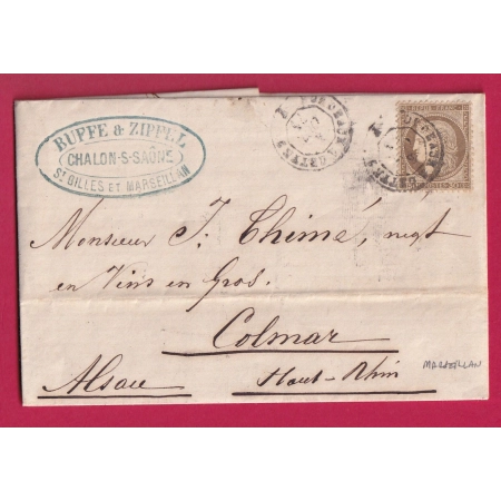 N°56 CAD AMBULANT DE JOUR BORDEAUX A CETTE POUR COLMAR ALSACE LORRAINE HAUT RHIN ALLEMAGNE TEXTE MARSEILLAN LETTRE