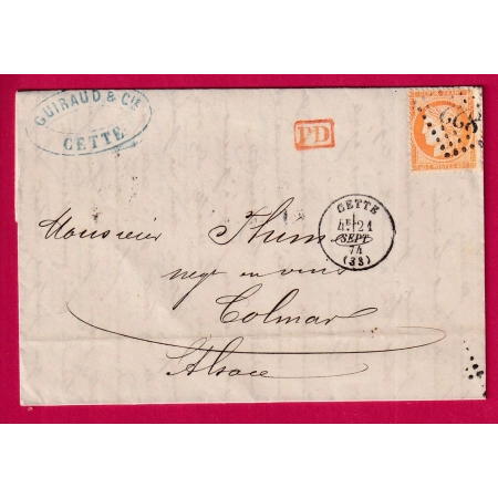 N°38 GC 822 CETTE HERAULT CAD TYPE 16 POUR COLMAR HAUT RHIN ALSACE LORRAINE ALLEMAGNE LETTRE COVER
