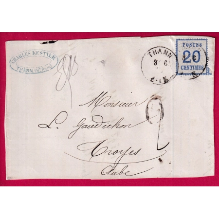 ALSACE LORRAINE N°6 THANN HAUT RHIN POUR TROYES AUBE TAXE 2 DEVANT DE LETTRE LETTRE COVER