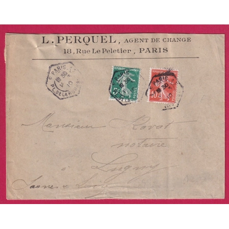 N°137 138 LEVEE EXCEPTIONNELLE PARIS PL DE LA BOURSE 1910 POUR LUGNY SAONE ET LOIRE LETTRE COVER FRANCE