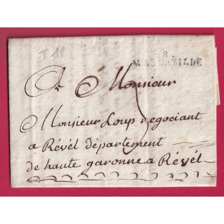 MARQUE 8 LES MAS D'AZILLE ARIEGE POUR REVEL HAUTE GARONNE INDICE 11 TEXTE COURBAUT 1808 LETTRE COVER