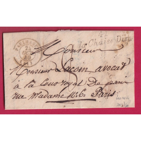 CURSIVE 41 LA CHAISE DIEU HAUTE LOIRE T15 PAULHAGUET 1840 POUR PARIS 40mm INDICE 16 LETTRE COVER FRANCE