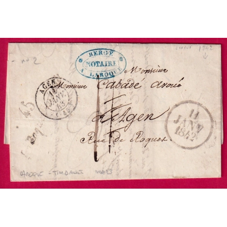 CURSIVE 45 LAROQUE TIMBAULT LOT ET GARONNE TAXE LOCALE 1 ANNULE PUIS CONFIRMEE POUR AGEN 1842 LETTRE COVER FRANCE