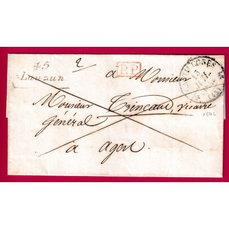 CURSIVE 45 LAUZUN LOT ET GARONNE + PP ROUGE CAD TYPE 12 CASTILLONES POUR AGEN 1842 LETTRE COVER FRANCE