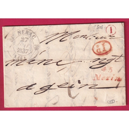 CURSIVE 45 MEZIN EN ROUGE LOT ET GARONNE T12 NERAC BOITE RURALE ROUGE I DE SOS + DECIME RURALE AGEN LETTRE FRANCE