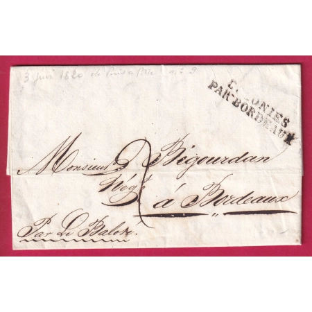 LETTRE DE POINTE A PITRE GUADELOUPE COLONIES PAR BORDEAUX 1820 POUR BORDEAUX BATEAU LE BALOSE LETTRE FRANCE