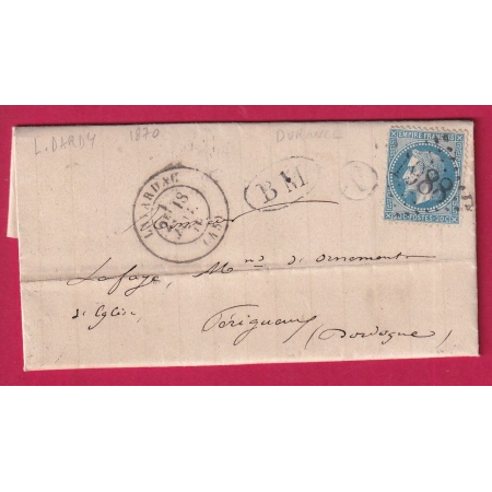 N°29 GC 1988 LAVARDAC LOT ET GARONNE BOITE RURALE + BM DURANCE POUR PERIGUEUX 1875 LETTRE FRANCE