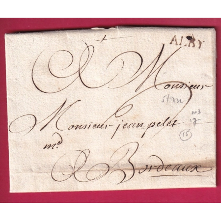 MARQUE ALBY ALBI TARN LENAIN N°3 INDICE 15 1732 POUR BORDEAUX LETTRE COVER