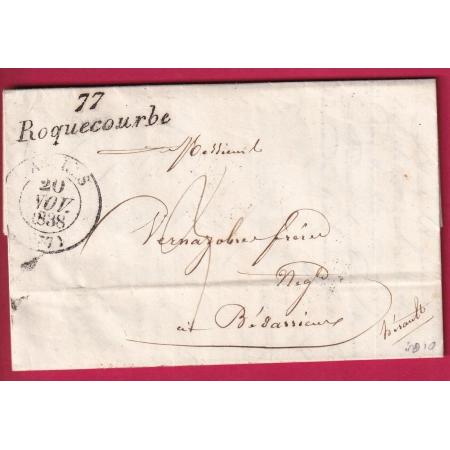 CURSIVE 77 ROQUECOURBE TARN POUR BEDARIEUX HERAULT 1838 INDICE 10 LETTRE COVER