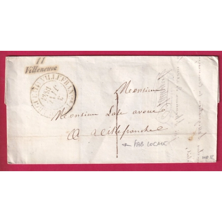 TAXE 1 DE FABRICATION LOCALE CURSIVE 11 VILLENEUVE AVEYRON 13 VILLEFRANCHE DE ROUERGUE 1843 LETTRE COVER