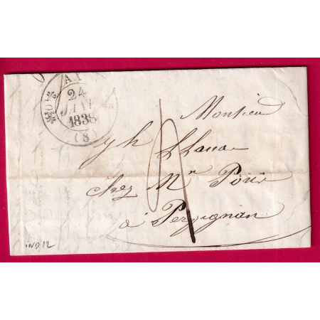 CAD TYPE 11 AX ARIEGE 1838 POUR PERPIGNAN PYRENEES ORIENTALES INDICE 12 LETTRE COVER