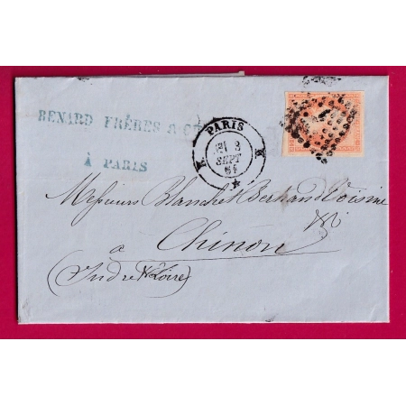 N°16 CAD T15 PARIS BUREAU K POUR CHINON INDRE ET LOIRE 1861 LETTRE COVER