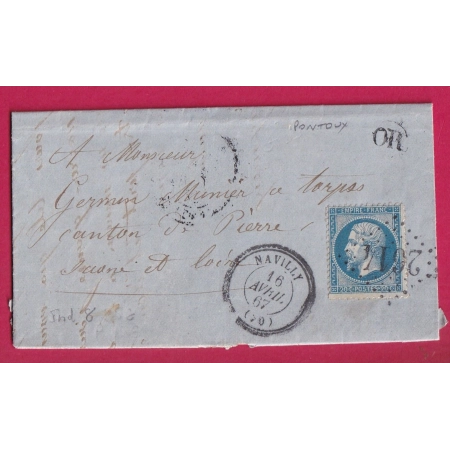 N°22 GC 2614 NAVILLY SAONE ET LOIRE CAD TYPE 22 OR PONTOUX POUR PIERRE BUREAU PASSE 1307 LETTRE COVER FRANCE