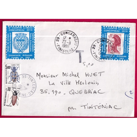 PORTE TIMBRE CONCARNEAU FINISTERE 1986 TAXE INSECTES 5FR10 TINTENIAC ILLE ET VILAINE LETTRE COVER