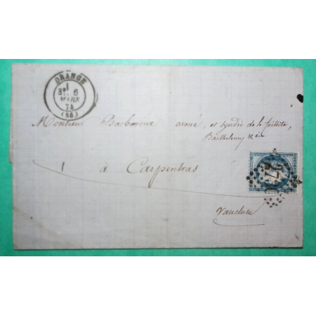 N°60B TYPE II GC 2730 ORANGE VAUCLUSE POUR CARPENTRAS VAUCLUSE 1874 LETTRE COVER FRANCE