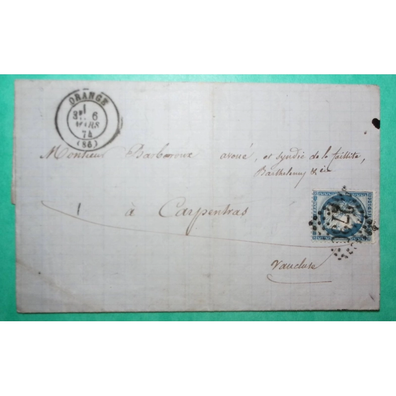 N°60B TYPE II GC 2730 ORANGE VAUCLUSE POUR CARPENTRAS VAUCLUSE 1874 LETTRE COVER FRANCE