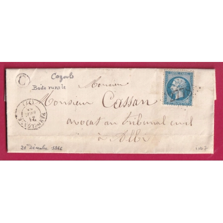 N°22 GC 2778 PAMPELONNE TARN BOITE RURALE C CAZOULS 1866 POUR ALBI LETTRE COVER