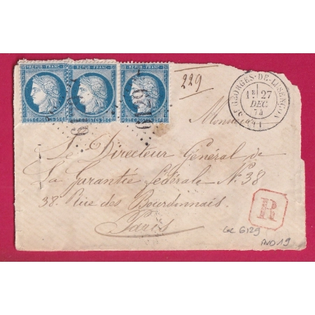 N°60 GC 6129 ST GEORGES DE LUSENCON AVEYRON DEVANT DE LETTRE RECOMMANDE POUR PARIS INDICE 19 LETTRE COVER