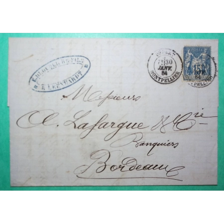 N°90 SAGE CAD DEPART MONTPELLIER HERAULT POUR BORDEAUX GIRONDE 1884 LETTRE COVER FRANCE