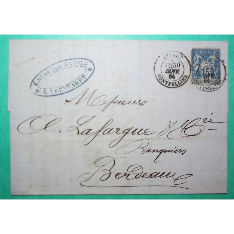 N°90 SAGE CAD DEPART MONTPELLIER HERAULT POUR BORDEAUX GIRONDE 1884 LETTRE COVER FRANCE