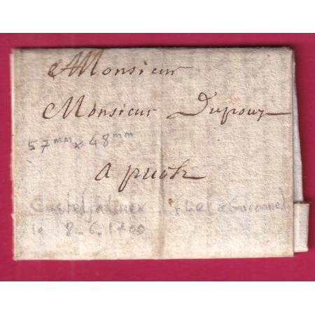 LETTRE DE CASTELJALOUX LOT ET GARONNE 1700 TRES PETIT FORMAT 57 X 48 mm SIGNE ROUMET CERTIFICAT LETTRE COVER FRANCE