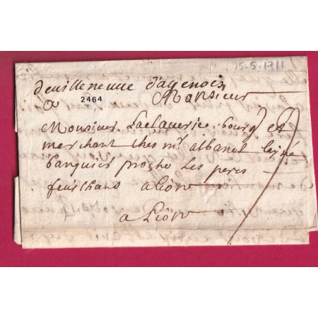 MARQUE MANUSCRIT VILLENEUVE D'AGEN LOT ET GARONNE 1711 POUR LYON INDICE 18 LENAIN N°1 LETTRE COVER FRANCE