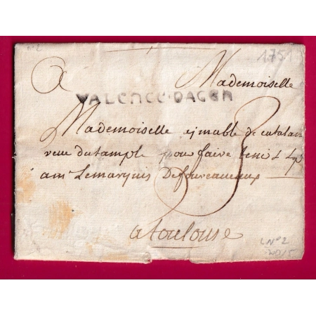 MARQUE VALENCE D'AGEN LOT ET GARONNE 1751 LENAIN N°2 1751 INDICE 15 POUR TOULOUSE LETTRE COVER FRANCE