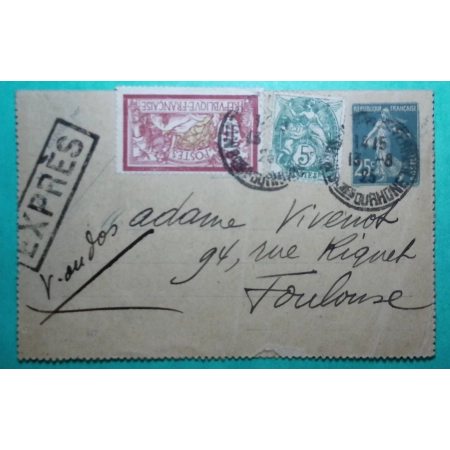 ENTIER CARTE LETTRE EXPRES SEMEUSE 25C BLEU COMPLEMENT AFFRANCHISSEMENT 1F5 MERSON BLANC MARSEILLE POUR TOULOUSE 1925