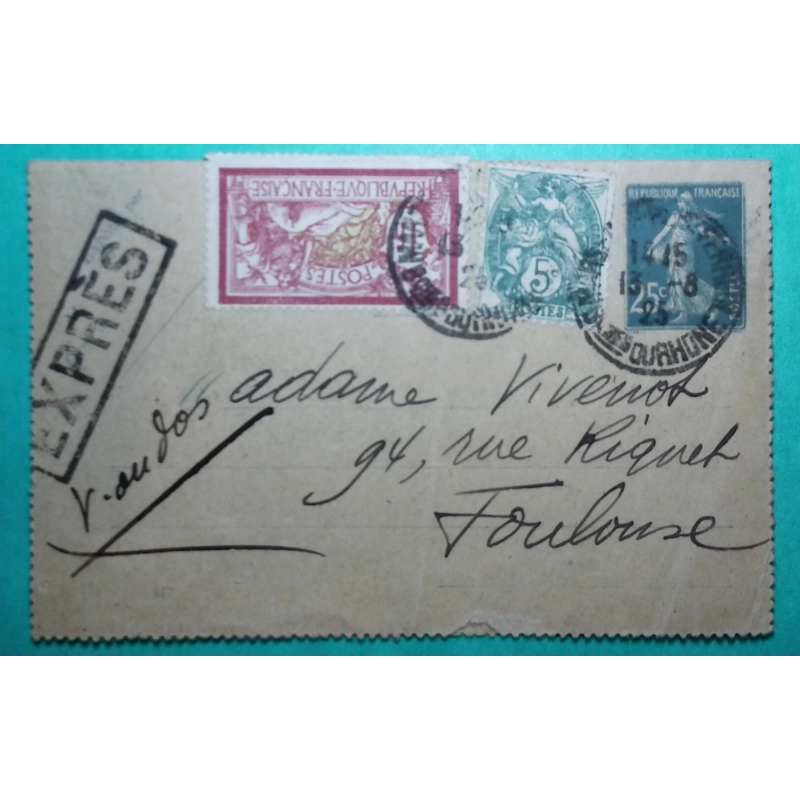ENTIER CARTE LETTRE EXPRES SEMEUSE 25C BLEU COMPLEMENT AFFRANCHISSEMENT 1F5 MERSON BLANC MARSEILLE POUR TOULOUSE 1925