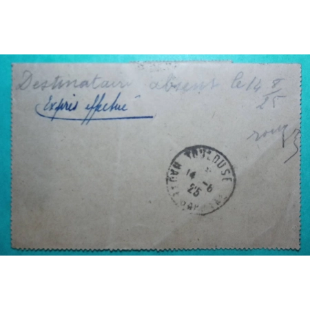 ENTIER CARTE LETTRE EXPRES SEMEUSE 25C BLEU COMPLEMENT AFFRANCHISSEMENT 1F5 MERSON BLANC MARSEILLE POUR TOULOUSE 1925