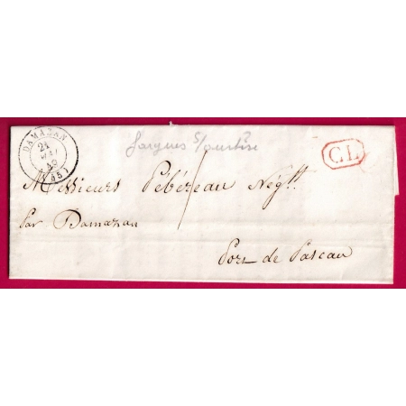 CAD TYPE 15 DAMAZAN LOT ET GARONNE 1849 TAXE LOCALE 1 CL ROUGE LETTRE COVER