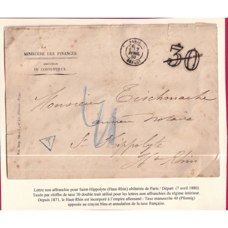 TAXE TAMPON 30 ANNULEE TAXE BLEU 40 PFENNIG ST HIPPOLYTE HAUT RHIN ALSACE LORRAINE ALLEMAGNE PARIS DEPART LETTRE COVER
