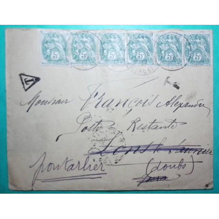 N°111 BLANC BANDE 5 + 1 TARIF 25C POUR PONTARLIER DOUBS POSTE RESTANTE TAXE 1926 LETTRE COVER FRANCE