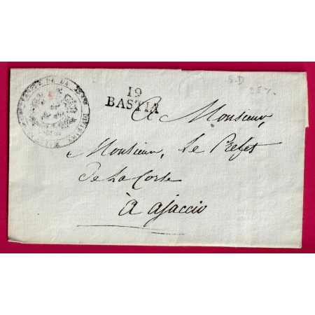 MARQUE 19 BASTIA CORSE FRANCHISE ILLUSTREE DIVISION MILITAIRE ARMEE CORSE POUR AJACCIO LETTRE COVER