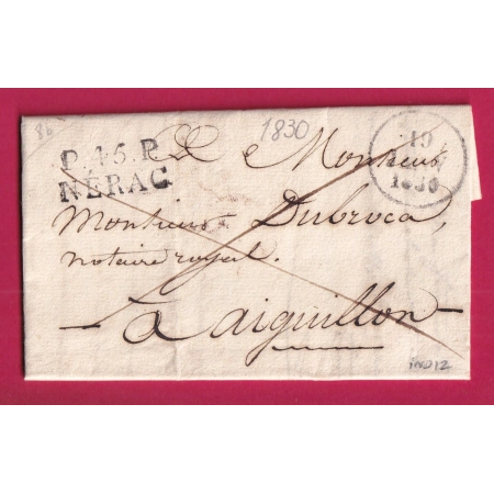 MARQUE P45P NERAC LOT ET GARONNE 1830 POUR AIGUILLON INDICE 12 LETTRE COVER