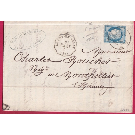 N°60 CAD TYPE 18 ST ETIENNE LOIRE JANVIER 1876 CONVOYEUR STATION LE PUY EN VELAY HAUTE LOIRE MONTPELLIER BELLE FACTURE