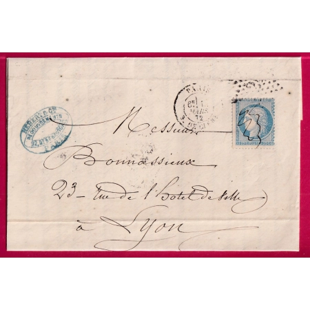 N°60 ANNULATION PLUME PARIS ETOILE 24 R DE CLERY POUR LYON RHONE 1872 LETTRE COVER