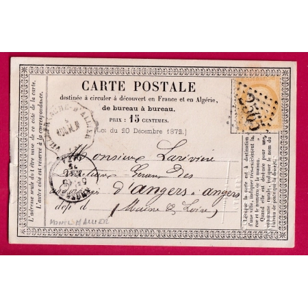N°55 CONVOYEUR STATION VILLEFRANCHE D'ALLIER POUR ANGERS CARTE PRECURSEUR CACHET A SEC COSNE SUR L'OEIL LETTRE COVER