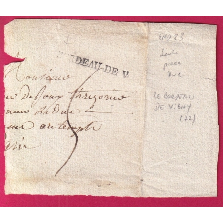 MARQUE BORDEAU DE VIGNY SEINE ET OISE INDICE 23 POUR PARIS SUR FRAGMENT DE LETTRE SEULE PIECE VUE A CE JOUR