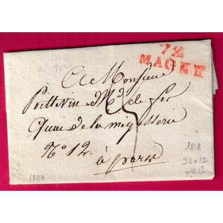 MARQUE 72 MAGNY EN VEXIN EN ROUGE SEINE ET OISE 1818 POUR PARIS INDICE 13 LETTRE COVER